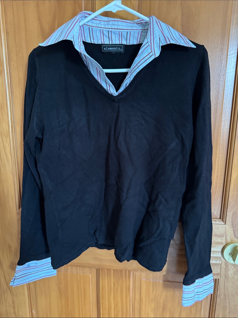 Elementz Black V‑Neck Sweater with Striped Shirt Trim